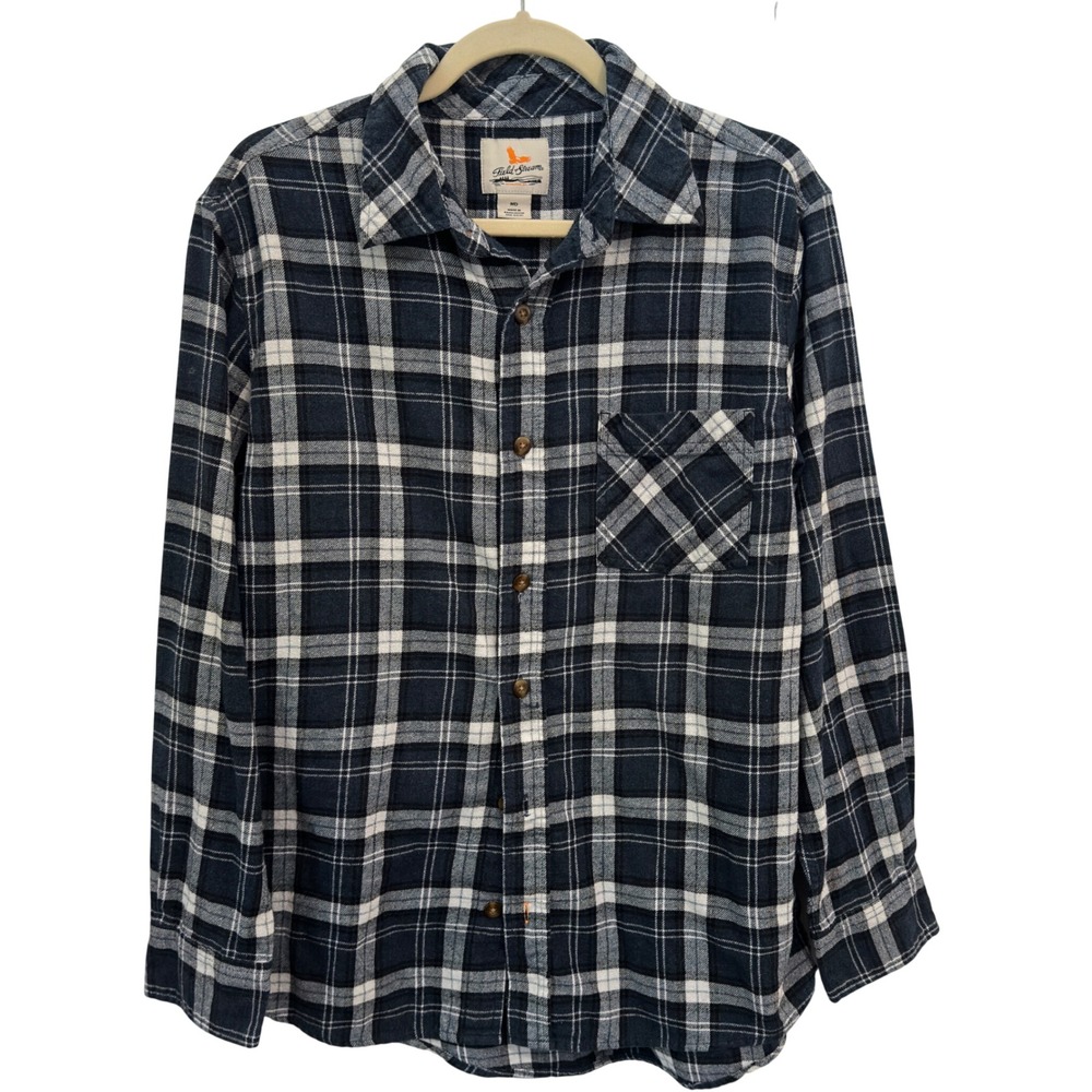 Field Stream Flannel Shirt Mens Medium Navy Blue‎ White Plaid Cotton Button Down